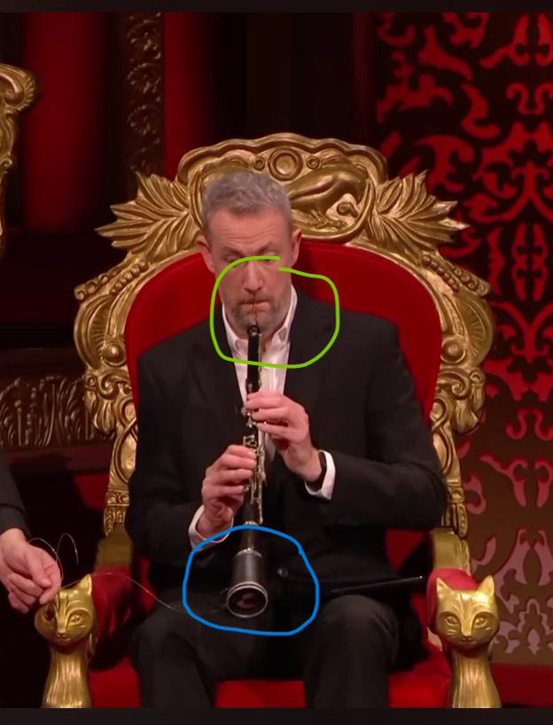 Are you sure of your embouchure, Mr Little Alex Horne? <br> <b>Green circles: Alex's embouchure. </b> <br> <i>Blue circles: The bell of this oboe.</i>
