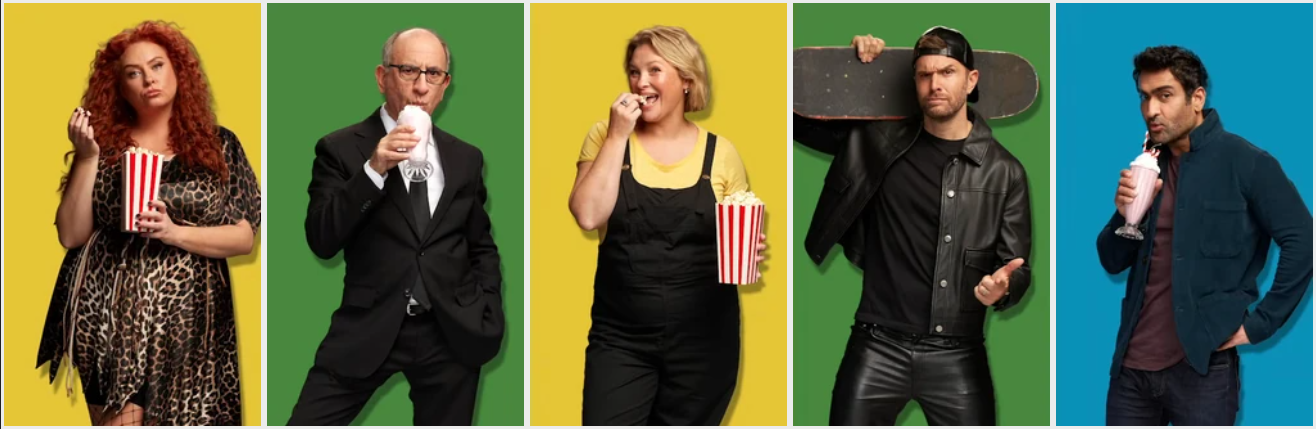Our unruly bunch for the next 10 weeks!<br>From left to right: Amy Gledhill (yellow), Armando Iannucci (green), Joanna Page (yellow), Joel Dommett (green), Kumail Nanjiani (blue).